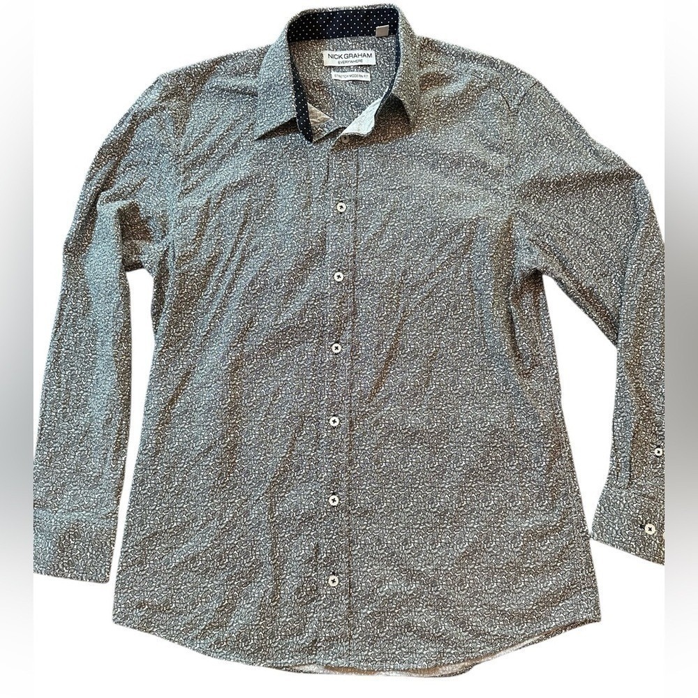 Nick Graham Paisley Button Down Mens Large Black‎ White Stretch Modern Fit